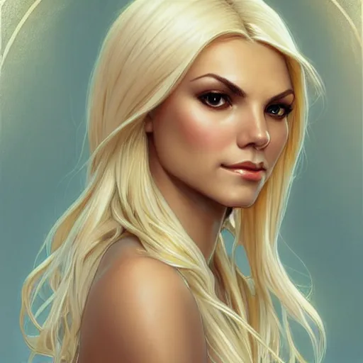 Prompt: Blonde Victoria Justice with hazel eyes as Emma Frost, western, D&D, fantasy, intricate, elegant, highly detailed, digital painting, artstation, concept art, matte, sharp focus, illustration, art by Artgerm and Greg Rutkowski and Alphonse Mucha