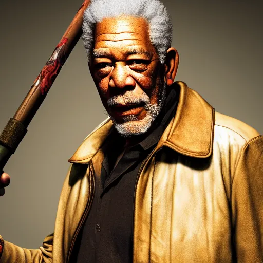 Image similar to photo of Morgan Freeman dressed as Negan, mischievous look with his barbed baseball bat Lucille on his shoulder, in the style of George Hurrell, white fog, octane render