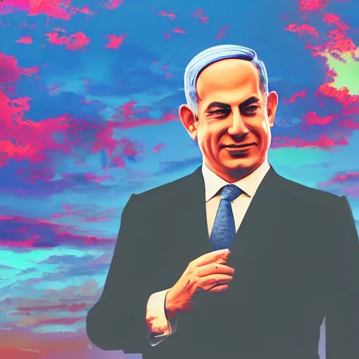 Image similar to portrait of Benjamin Netanyahu, Tel-Aviv skyline background, rich vivid colors, ambient lighting, dynamic lighting, 4k, HQ, official media, detailed, trending on artstation