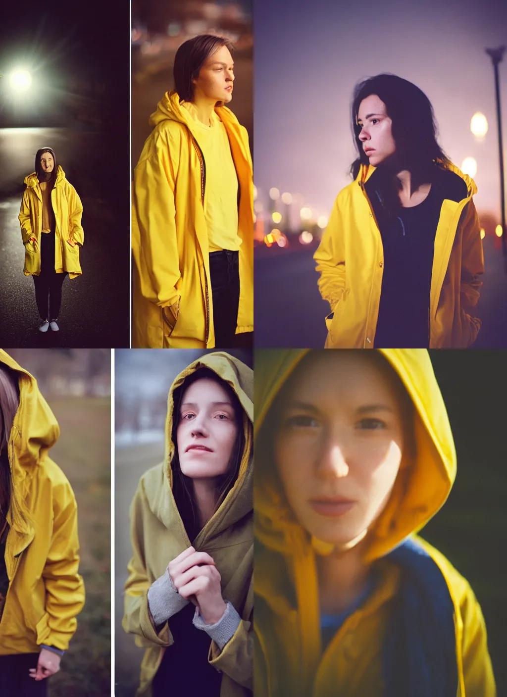 Prompt: detailed and realistic portrait photography at night of a woman wearing a yellow raincoat with hoodie by Shelley Richmond. Cinematic. Lens flare. Portra 800 film. Helios 44m