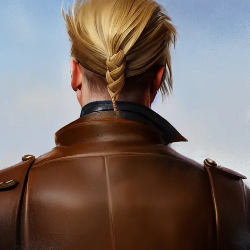 Prompt: rear side portrait of a muscular, ponytail haired blonde man with a steel left arm, wearing a brown leather coat, ponytail hair, DnD, fantasy, digital art by Ruan Jia