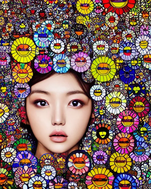 Image similar to a beautiful girl surrounded by bright intricate patterns, by takashi murakami, intricate painting, hyper realistic, extremely detailed and beautiful aesthetic face, 8 k resolution