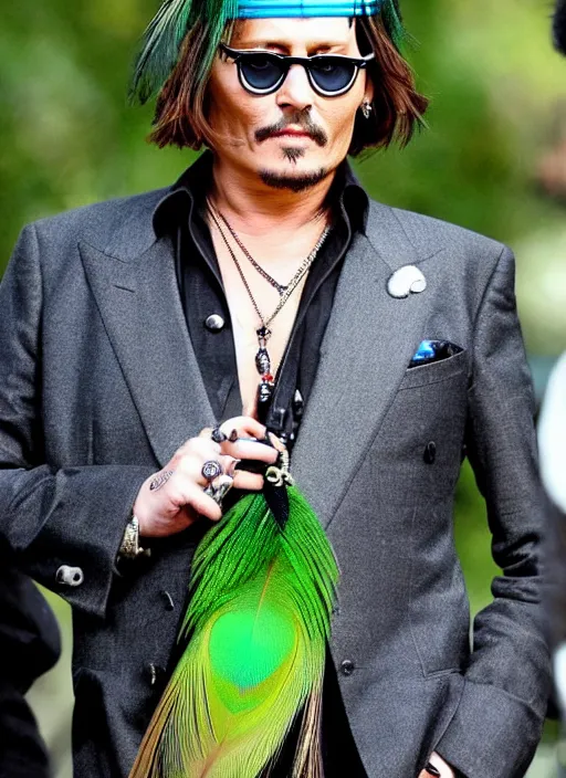 Prompt: johnny depp wearing a single monocle and a fancy tall green peacock feather headdress