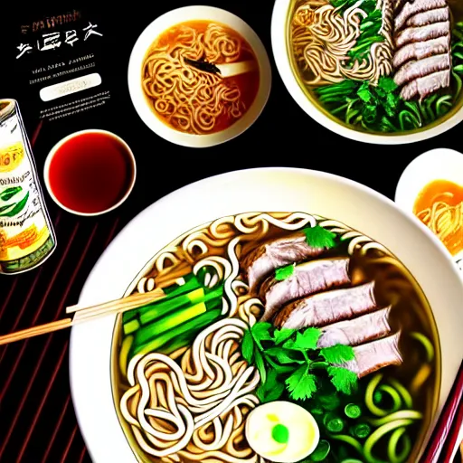 Image similar to flatlay realistic photo of delicious pho, ramen, aesthetic table cloth, highly detailed, cinematic light, masterpiece, 8 k hd, award winning, artstation,