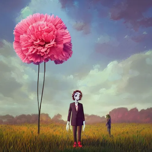 Image similar to giant carnation flower head, frontal, girl in a suit, surreal photography, sunrise, dramatic light, impressionist painting, digital painting, artstation, simon stalenhag