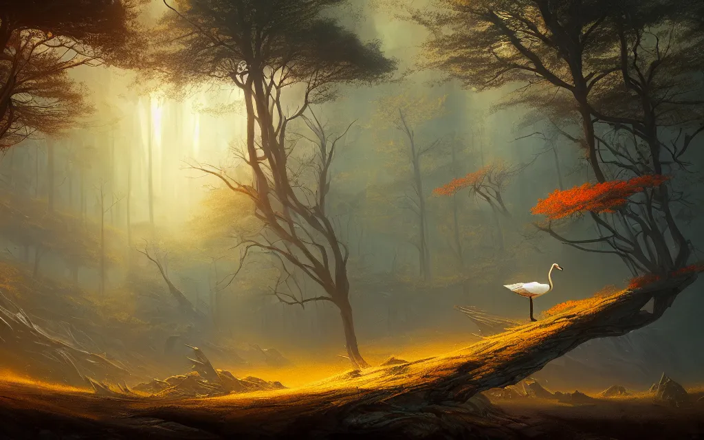 Prompt: a beautiful highly detailed matte painting of a futuristic goose in a desolate forest with summer colors by Jose Daniel Cabrera Pena and Leonid Kozienko, Noah Bradley concept art