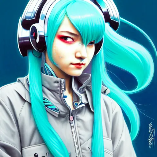 Image similar to high quality high detail 3 / 4 portrait of a hatsune miku as diesel punk character in an futuristic world, techwear, tristan eaton, victo ngai, artgerm, rhads, ross draws, hyperrealism, intricate detailed, alphonse mucha, pastel colors, vintage, artstation