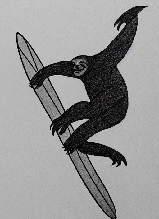 Image similar to beautiful cartoon professional drawing black ink of sloth riding surfboard