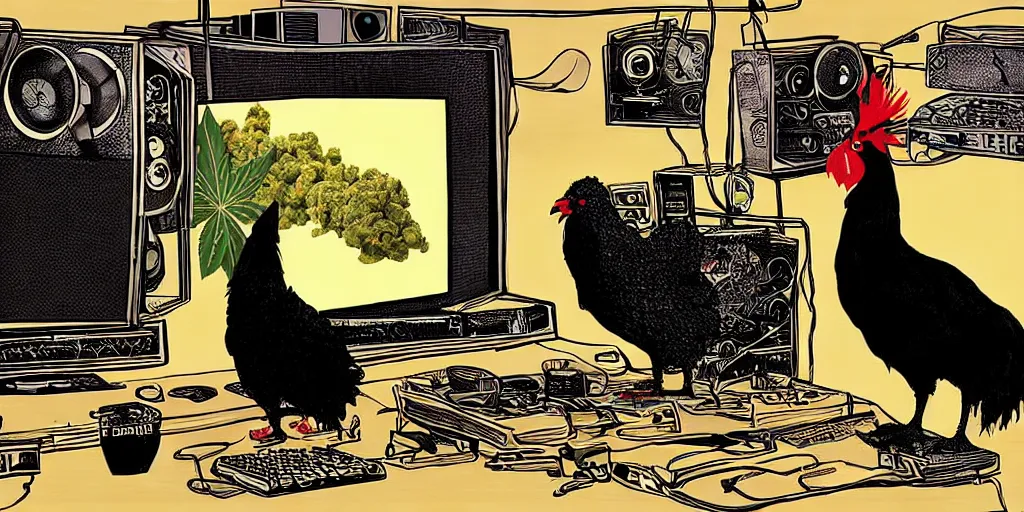 Image similar to 'black chicken'!!! smoking 'cannabis'!!!!!! in front of 'audio console'!!!! and 'multi monitors'!!!! 'in a hi-tech tv broadcasting studio'!!!!, artwork by James Gilleard