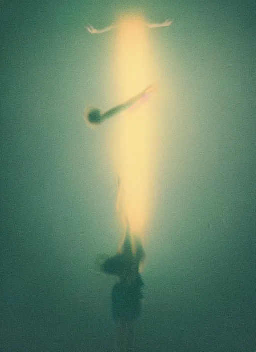 Image similar to female ascending into the sky, glowing aura, motion blur, out of focus, film grain, cinematic lighting, experimental film, shot on 1 6 mm