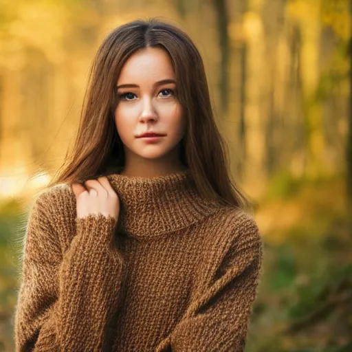 Image similar to real life photo of a beautiful girl, full body photoshoot, long brown hair, brown eyes, full round face, short smile, wool sweater, forest setting, cinematic lightning, medium shot, mid - shot, highly detailed, trending on artstation, unreal engine 4 k, 8 0 mm, 8 5 mm, cinematic wallpaper