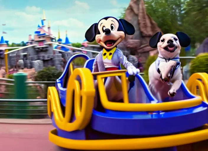 Image similar to film still of a dog riding a roller coaster in disneyland paris in the new kids movie, 8 k