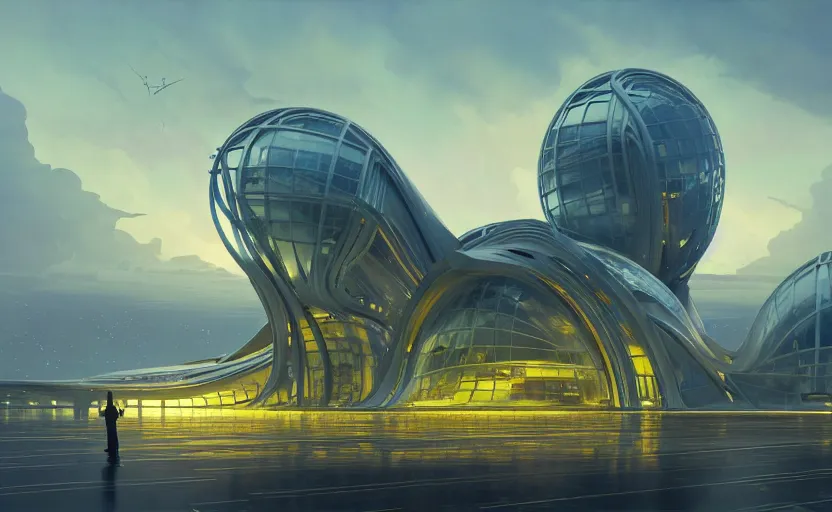 Image similar to exterior shot of utopian architecture transparent building with cinematic lighting by zaha hadid and renzo piano, darek zabrocki and greg ruthkowski, alphonse mucha, simon stalenhag, cinematic, stars, beautiful, holy place, paradise, scifi, futurism, atmospheric, concept art, artstation, trending on artstation