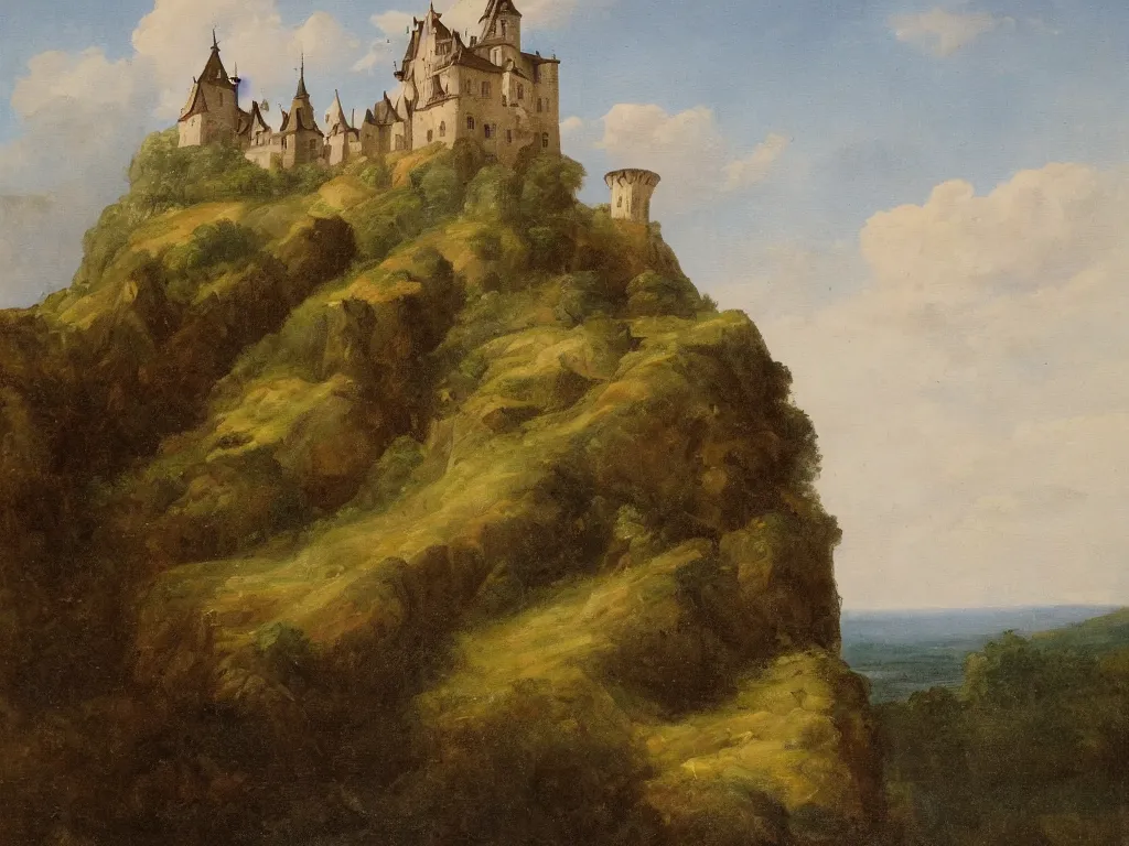 Image similar to a landscape painting of a german castle on the cliff