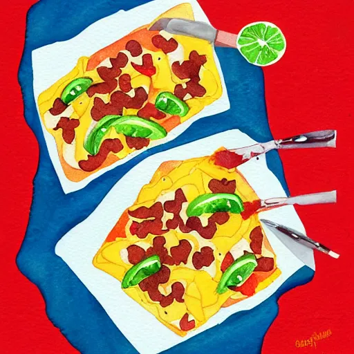 Prompt: watercolor nachos with cheese and jalapeno illustrations, white background, drawing, cartoon, in the style of shyama golden