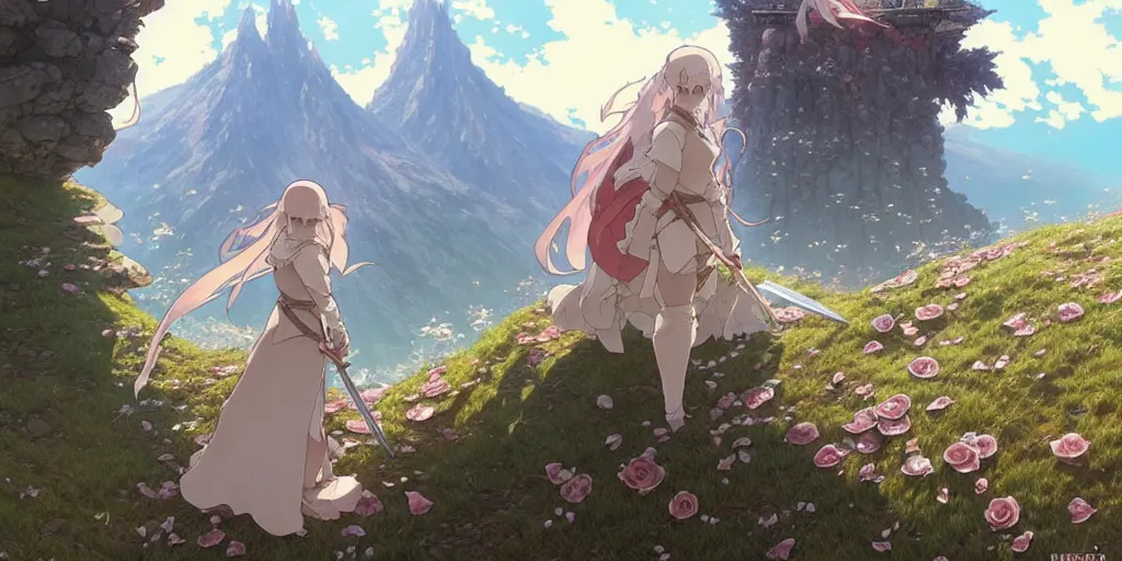 Image similar to the knight and the sword of rose petal, anime, castle core, mountains, rocky roads. by hayao miyazaki and rossdraws and artgerm and greg rutkowski and alphonse mucha and studio ghibli. high quality, stunning, intricate detailed environment. 8 k