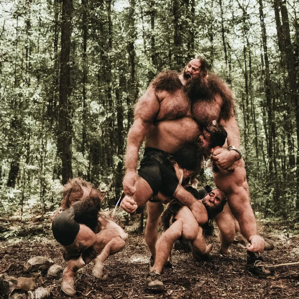 Image similar to big hairy strongmen in shorts in a forest, cuddling and kissing around a campfire, daddy energy, wholesome, cute, love, photography, high details, epic, high resolution