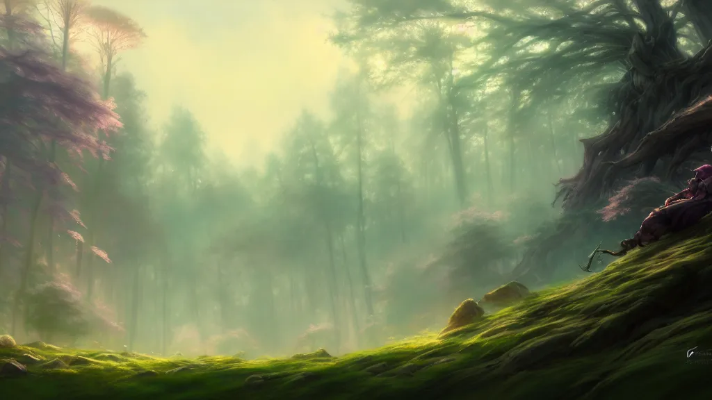 Image similar to forest clearing landscape, pastel color tones, fantasy, elegant, highly detailed, digital painting, artstation, concept art, smooth, sharp focus, illustration, wide angle, artbook, splash art, promo art, soul calibur, league of legends, art by artgerm and greg rutkowski and bo chen and jin xiaodi