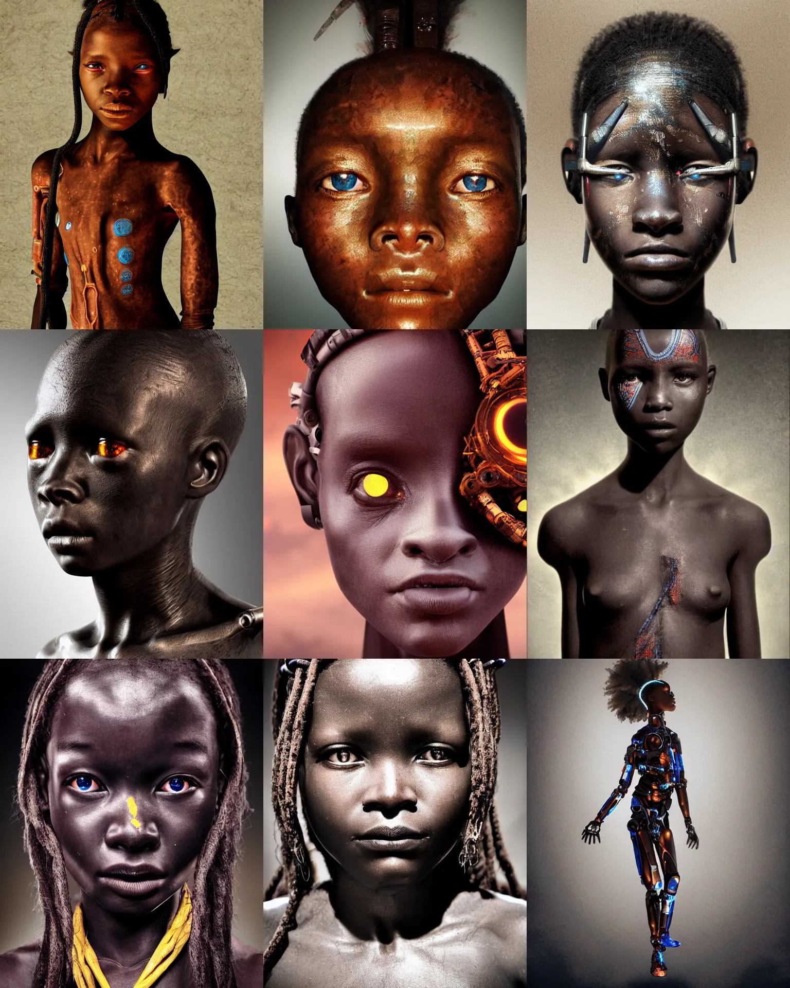 Prompt: futuristic himba teenage girl, cybernetic eyes, mechanical body, realistic portrait film photograph, concept art for the expanse, dramatic lighting, intricate