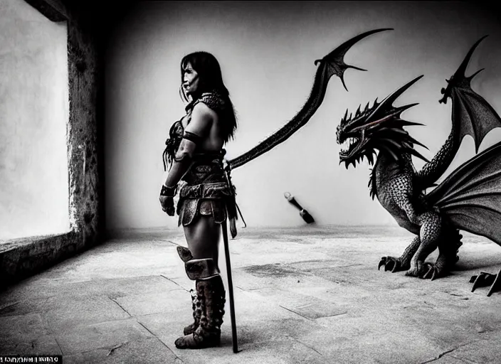 Image similar to scared female barbarian who came only to look at the real dragon, symmetrical, cinematic, real photography