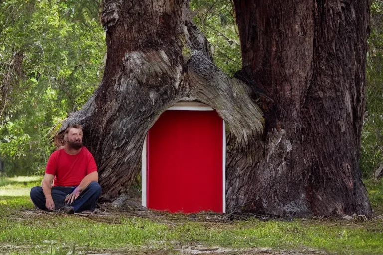 Image similar to grizzly wearing a red shirt sitting outside big tree with a red door by Roger Deakins