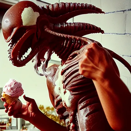 Image similar to xenomorph eating ice cream on a hot sunny day, photography