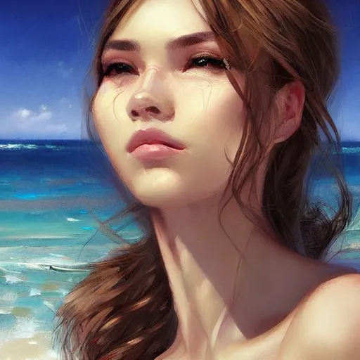 Prompt: portrait of beautiful woman on the beach, trending on artstation, digital painting by wlop, rossdraws, artgerm.