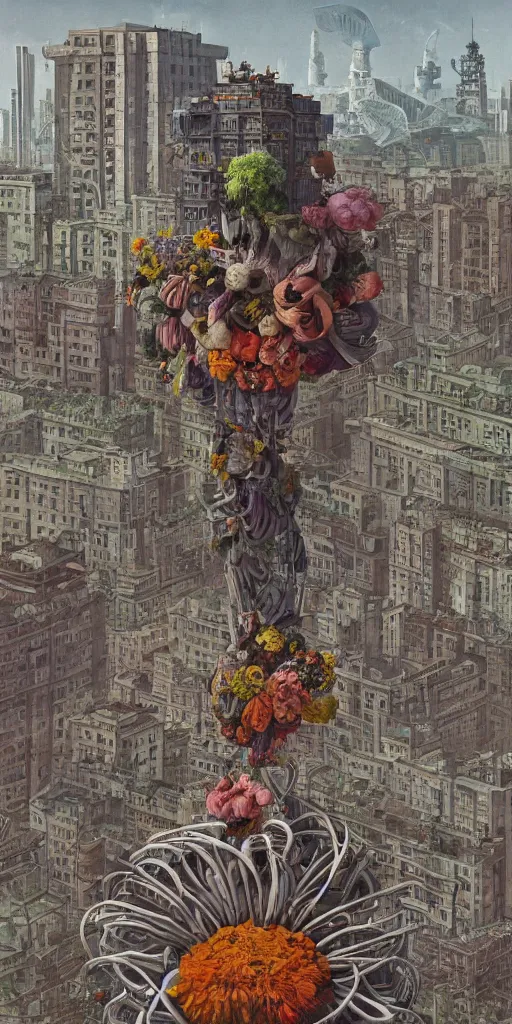 Prompt: colossal grotesque flower in the middle of abandoned early soviet constructivist cityscape, Stalinist architecture, ultradetailed by Hayao Miyazaki and Josan Gonzalez and Makoto Shinkai and Giuseppe Arcimboldo and Wes Anderson