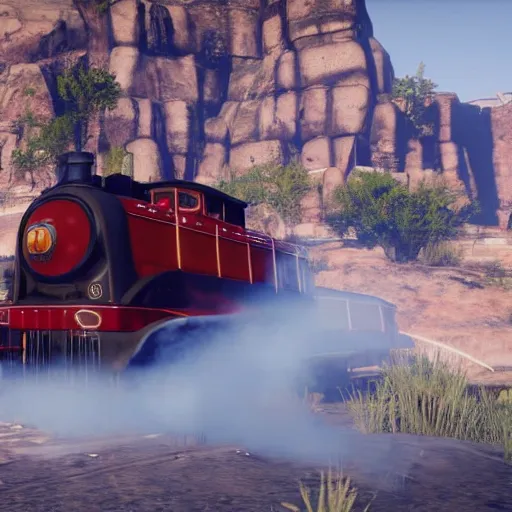 Image similar to futuristic sleek steam locomotive in red dead redemption 2