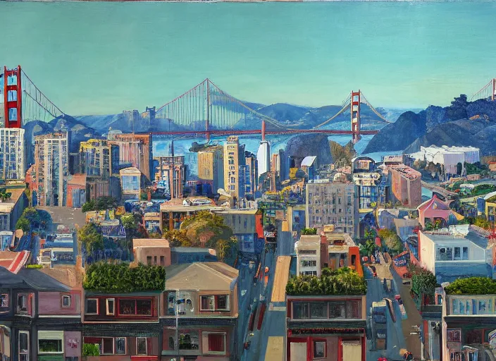 Image similar to a realistic San-Francisco cityscape, from the roof, tall terrace, hills, Golden Gate, houses, parks, and hell bursting in style of Wayne Thiebaud and Bosch