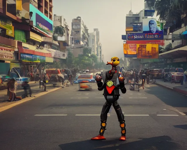 Prompt: A cyborg duck directing traffic in a busy street in India. Sharp focus, futuristic style, cyberpunk, volumetric lighting, 8K high definition, highly detailed, trending on artstation