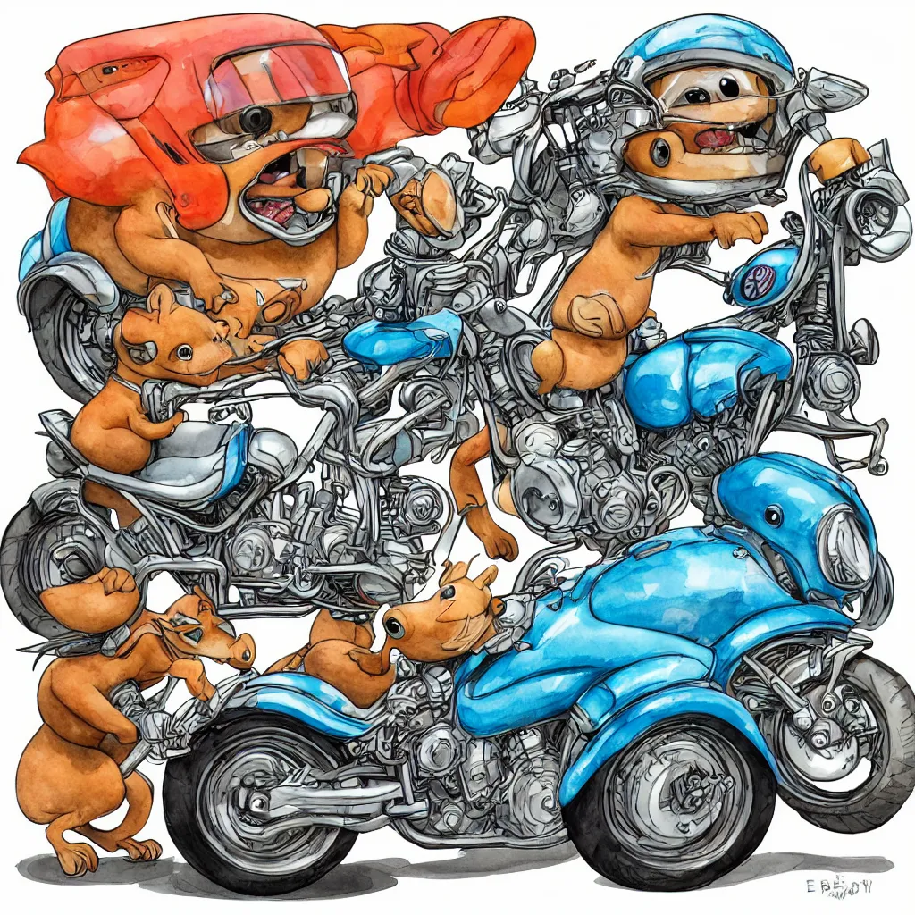 Image similar to cute and funny, squirrel wearing a helmet riding in a hot rod with oversized engine, ratfink style by ed roth, centered award winning watercolor pen illustration, isometric illustration by chihiro iwasaki, edited by range murata, tiny details by artgerm and watercolor girl, symmetrically isometrically centered, sharply focused