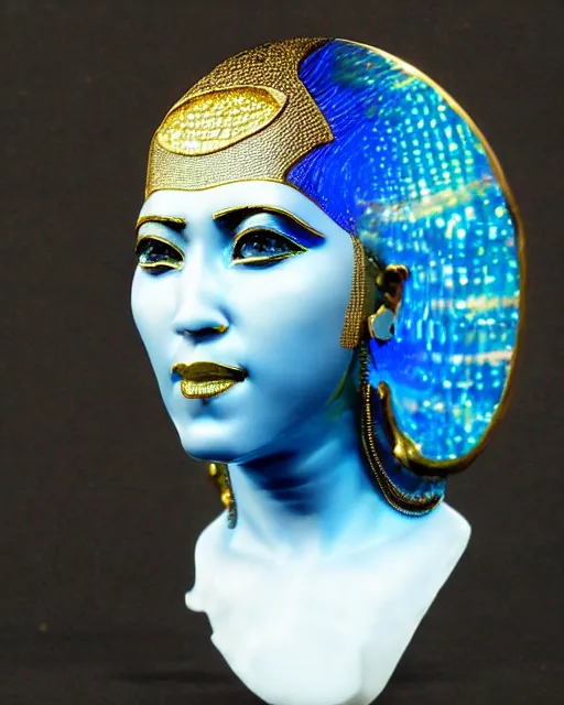 Prompt: intricate holographic realistic bust sculpture of futuristic digital obese angry egyptian beautiful girl empress, stone and glass and gold, blue and black, masterpiece