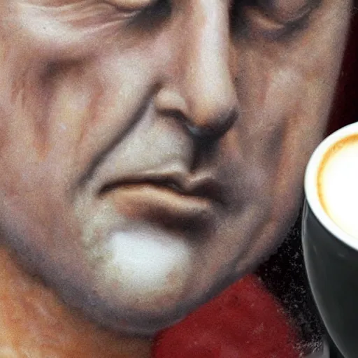 Image similar to al pacino's face made of milk foam in a cup of cappuccino, high detail