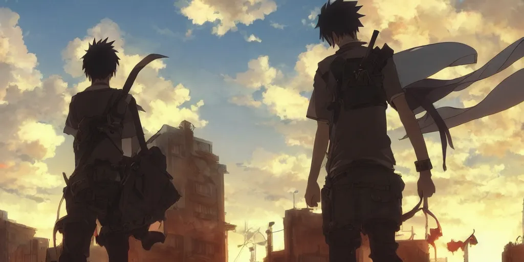 Prompt: anime character in front of an apocalyptic city and the clouds are burning, hyperrealistic, trending on pixiv fanbox, painted by greg rutkowski makoto shinkai takashi takeuchi studio ghibli, akihiko yoshida