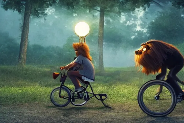 Image similar to a large, long haired monster rides a tiny bicycle, cinematic lighting, highly detailed