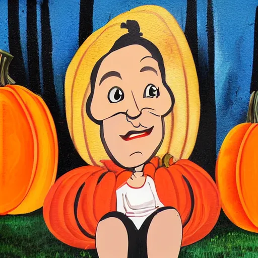 Prompt: A newspaper photo of a Caucasian woman sitting on a picnic table painting a funny face on a pumpkin