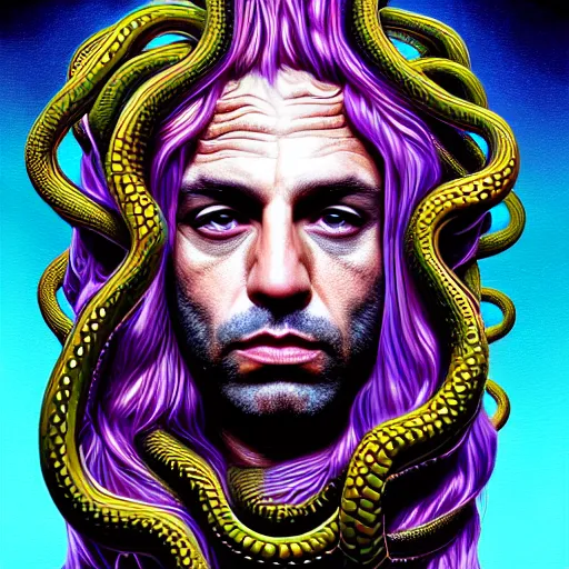 Prompt: an extremely psychedelic portrait of medusa as joe rogan, surreal, lsd, face, detailed, intricate, elegant, lithe, highly detailed, digital painting, artstation, concept art, smooth, sharp focus, illustration