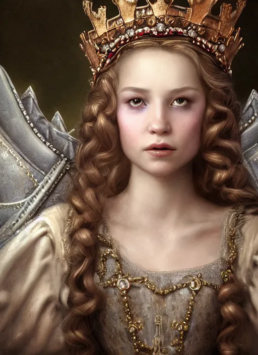 Prompt: highly detailed closeup portrait of a fairytale medieval princess wearing a crown and sitting on a throne, unreal engine, nicoletta ceccoli, mark ryden, earl norem, lostfish, global illumination, god rays, detailed and intricate environment