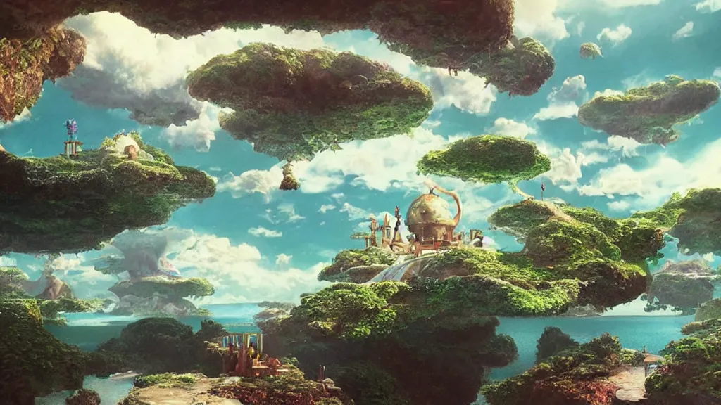 Image similar to floating islands with waterfalls connecting each other whimsical surrealism, based on child's drawing, lsd trip, dream recording, deep - space imaging fantastical setting isometric view octane render, art by salvador dali, greg rutkowski studio ghibli