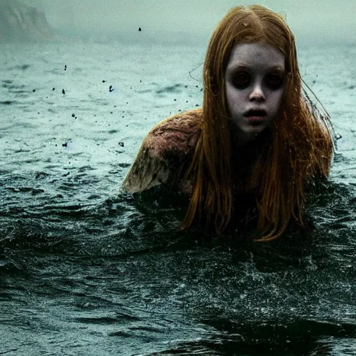 Image similar to monster pale skin, dark yellowish water, foggy water, dark, dramatic, big eyes, terrifying, cinematic