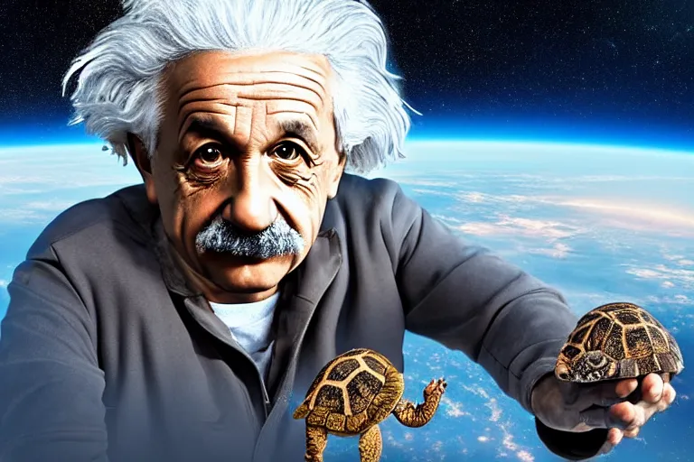 Prompt: still fullbody photo of sad albert einstein in spacesuit in space, flat earth on elephants and turtle at background, highly detailed, photorealistic shot, bright studio setting, studio lighting, crisp quality and light reflections, unreal engine 5 quality render