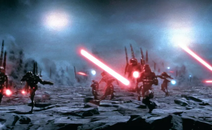 Image similar to iconic cinematic screenshot of imperial empire invasion on sith planet, from the action packed scene from the 8 0 s star wars sci fi film by stanley kubrick, glowing lasers, 4 k uhd, highly detailed scene, phot real, anamorphic lenses 2 4 mm, lens flare, award winning