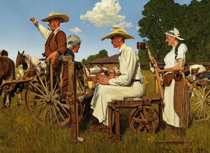 Image similar to mormon pioneers by norman rockwell, highly detailed