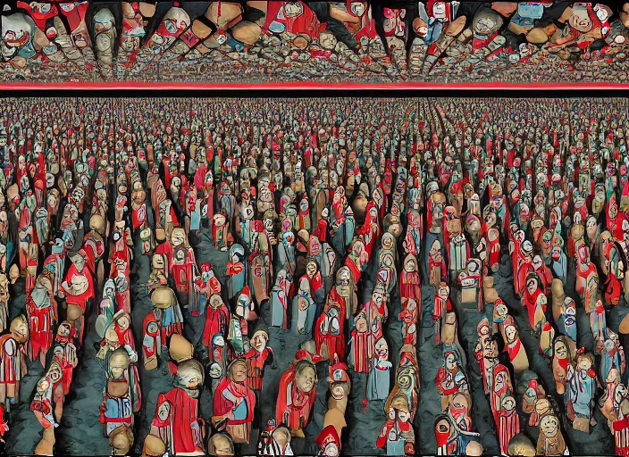 Image similar to where's waldo, creepy people, lowbrow, matte painting, 3 - d highly detailed, in the style of richard corbin