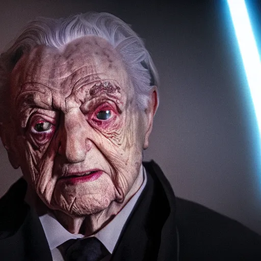 Image similar to Portrait of George Soros as darth sidious from star wars, splash art, movie still, cinematic lighting, dramatic, octane render, long lens, shallow depth of field, bokeh, anamorphic lens flare, 8k, hyper detailed, 35mm film grain