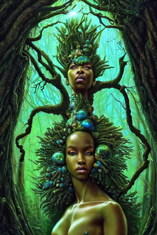 Image similar to hyperrealistic neo - baroque super expressive! black woman with exoskeleton armor, merging with tree in a forest, highly detailed digital art masterpiece smooth cam de leon hannah yata dramatic pearlescent blue green light ground angle hd 8 k sharp focus