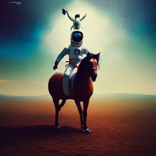 Image similar to photography of animal horse riding on top of an human man in astronaut costume. from western by hiroyuki okiura and katsuhiro otomo and alejandro hodorovski style with many details by mike winkelmann and vincent di fate in sci - fi style. volumetric natural light photo on dsmc 3 system,