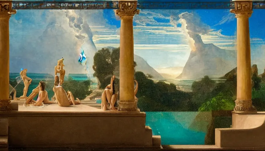 Image similar to From inside the balcony of the giant Palace, mediterranean balustrade and columns, refracted line and sparkles, thunderstorm, greek pool, beach and Tropical vegetation on the background major arcana sky and occult symbols, by paul delaroche, hyperrealistic 4k uhd, award-winning, very detailed paradise