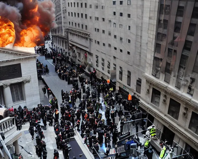 Prompt: wall street explosion, breaking news, photograph